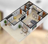 2-izb. byt v RD, TERASA, BA IV Dúbravka, Tavarikova Osada - Vizualizácia 2-izbového bytu s terasou, kuchyňou a obývačkou.