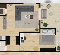 2-izb. byt v RD, TERASA, BA IV Dúbravka, Tavarikova Osada - Pôdorys 2-izbového bytu s obývačkou, kuchyňou, spálňou a terasou.