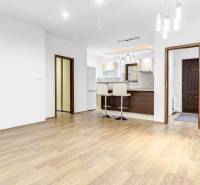 2-izb. byt v RD, TERASA, BA IV Dúbravka, Tavarikova Osada - Interiér 2-izbového bytu s otvorenou kuchyňou, barovými stoličkami a drevenou podlahou.