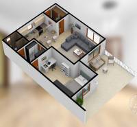 2-izb. byt v RD, TERASA, BA IV Dúbravka, Tavarikova Osada - 3D pôdorys 2-izbového bytu s kuchynským kútom, obývačkou a balkónom.