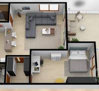 2-izb. byt v RD, TERASA, BA IV Dúbravka, Tavarikova Osada - Pôdorys 2-izbového bytu so spálňou, obývačkou, kuchyňou a balkónom.