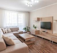 Predaj 3i bytu 84m2 - dva balkóny , Nábrežná v NZ - Obývacia izba v 3-izbovom byte s pohovkou, televízorom a podlahou s dreveným dekorom.