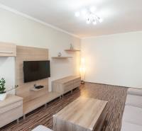 Predaj 3i bytu 84m2 - dva balkóny , Nábrežná v NZ - Obývacia izba 3-izbového bytu s podlahou s dreveným dekorom a sivou pohovkou.