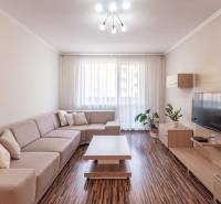 Predaj 3i bytu 84m2 - dva balkóny , Nábrežná v NZ - Obývacia izba so sedačkou, podlahou s dreveným dekorom a dekoráciami v 3-izbovom byte.