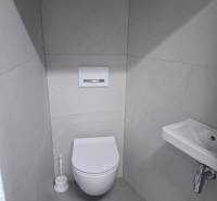 Moderný rodinný dom so záhradou, bazénom a nadštandardným priestorom - Kúpeľňa v rodinnom dome s toaletou, umývadlom a bielymi obkladačkami.