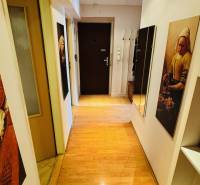 Na predaj 3 i  byt s loggiou aj terasou - Prievidza 75,24 m2 - Úzka chodba s podlahou s dreveným dekorom v 3-izbovom byte, s obrazmi a zrkadlom.