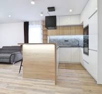 Na PRENÁJOM_v NOVOSTAVBE krásny 3-izbový byt s parkovacím státím - Obývačka s kuchyňou a podlahou s dreveným dekorom v 3-izbovom byte.