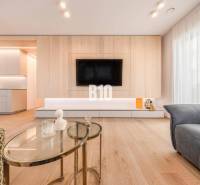 LUXUSNÝ 3-IZBOVÝ BYT NA MIERU V NADČASOVEJ NOVOSTAVBE NA ZAČIATKU KOLI - Obývacia izba v 3-izbovom byte s podlahou s dreveným dekorom a televízorom na stene.