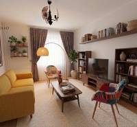 EXKLUZÍVNE: Priestranný 2-izbový byt s vlastnou malou záhradkou v srdc - Štýlová obývačka v 2-izbovom byte s pohodlnou pohovkou a drevenými policami.