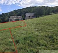 Veľký pozemok v srdci prírody pri Hornom Tisovníku - Pozemky - bývanie, Horný Tisovník. Trávnatá plocha s vidieckou budovou a lesnatým kopcom v pozadí.