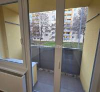 3 izbový byt na Starom Sídlisku o výmere 74m2. - Francúzske okno v 3-izbovom byte s podlahou s dreveným dekorom a výhľadom na balkón.