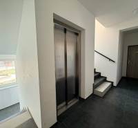 Na predaj moderný 2 izbový byt, komplex MIKO Trnava - Chodba s výťahom a schodiskom v 2-izbovom byte, podlaha s dreveným dekorom.
