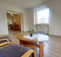 Na PRENÁJOM, VEĽKÝ 2 izb. TEHLOVÝ BYT, SÍDLISKO II., PREŠOV  - Obývačka 2-izbového bytu s oknom, podlaha s dreveným dekorom a stolíkom s rastlinou.