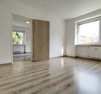 Na PRENÁJOM, VEĽKÝ 2 izb. TEHLOVÝ BYT, SÍDLISKO II., PREŠOV  - Dvojizbový byt s podlahou s dreveným dekorom, veľkým oknom a bielymi stenami.