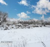 Na predaj poschodový 6-izbový rodinný dom, Horné Mýto - Zasnežený dvor rodinného domu v Hornom Mýte s výhľadom na strechy a stromy.