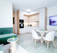 Na predaj 3 izbový byt s terasou, Trenčín, ul. Saratovská - Obývacia časť 3-izbového bytu s podlahou s dreveným dekorom a zeleným gaučom.