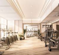 BIANCANA PHUKET - Interiérová telocvičňa s podlahou s dreveným dekorom a fitness vybavením v výstavbe bytov.