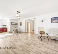 Na predaj 4-izb. rodinný dom s garážou, Kútniky - Svetlá obývacia miestnosť s kuchyňou, podlaha s dreveným dekorom, jedálenský kút.