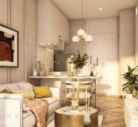 1 SPÁLŇOVÝ APARTMÁN BIANCANA PHUKET - Interiér 2-izbového bytu so svetlou podlahou s dreveným dekorom a moderným nábytkom.