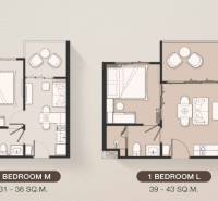 1 SPÁLŇOVÝ APARTMÁN BIANCANA PHUKET - Pôdorysy 2-izbového bytu s rozmermi 31-43 m², vrátane obývacej izby a kuchyne.