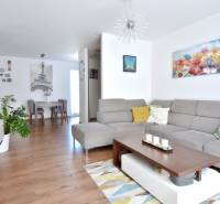 UHLISKÁ, 3-i byt, 80 m2 – zariadená novostavba s parkovaním v cene - Obývacia izba v 3-izbovom byte s pohovkou, dekoráciami a podlahou s dreveným dekorom.