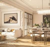 2 SPÁLŇOVÝ APARTMÁN BIANCANA PHUKET - Obývačka 3-izbového bytu s podlahou s dreveným dekorom a elegantným jedálenským kútom.