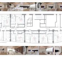 EXKLUZÍVNE: Celé podlažie v centre Piešťan s projektom apartmánov - Interiér s bielym sedením, podlaha s dreveným dekorom, pôdorys. Zvláštne nehnuteľnosti.