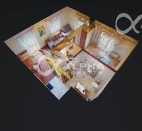 PRENÁJOM 2i apartmán s terasou, parkovaním, Veľká Lomnica - 3D pôdorys 2-izbového bytu s nábytkom a kúpeľňou s toaletou.