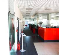 Prenájom kancelárií s TERASOU a výborným parkovaním, 264 m2, Ružinov - Chodba v kanceláriách s červenou recepciou, rastliny v červených kvetináčoch.