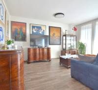 PRI VINOHRADOCH, 3-i byt s veľkými loggiami, 113 m2, RAČANY BIANCO - Obývacia izba s tmavým nábytkom, podlahou s dreveným dekorom a dekoratívnymi obrazmi v 3-izbovom byte.