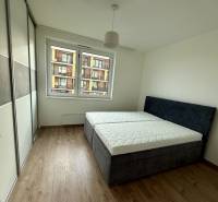  NOVOSTAVBA BORY 2 izbový byt, ul. Hany Ponickej, Bratislava IV. Lamač - Spálňa so vstavanou skriňou, manželskou posteľou a podlahou s dreveným dekorom v 2-izbovom byte.