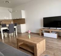  NOVOSTAVBA BORY 2 izbový byt, ul. Hany Ponickej, Bratislava IV. Lamač - Obývačka s kuchynským kútom, jedálenským stolom a televízorom v 2-izbovom byte s podlahou s dreveným dekorom.