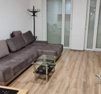 NOVÝ BYT S PREDZAHRADKOU A PARK. STÁTIM - Garsónka s pohodlnou sedačkou, skleným stolíkom a podlahou s dreveným dekorom.