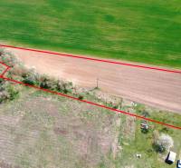 Ondrejovce – 4.665 m2 POZEMOK na rekreačnú chatu na hranici obce - Letecký pohľad na parcely v Ondrejovciach, Záhrady lemované líniou stromov.