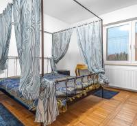 I Predaj štýlového tehlového domu v Rajke pri Bratislave - Spálňa s posteľou s baldachýnom, podlaha s dreveným dekorom a veľkým oknom.