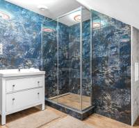 I Predaj štýlového tehlového domu v Rajke pri Bratislave - Kúpeľňa s modrými stenami, sprchovacím kútom a podlahou s dreveným dekorom v rodinnom dome.