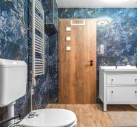 I Predaj štýlového tehlového domu v Rajke pri Bratislave - Kúpeľňa v rodinnom dome s modrými obkladmi, bielou skrinkou a podlahou s dreveným dekorom.