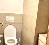 I Predaj 3i bytu v novostavbe v Rači - Kúpeľňa v 3-izbovom byte s WC, obkladmi a toaletnou kefou v rohu.