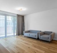 : Nadštandardný 2-i byt v projekte ZWIRN za cenu „štandardu“ - Svetlá obývacia izba so sivou pohovkou, drevenou podlahou a balkónovými dverami v 2-izbovom byte.