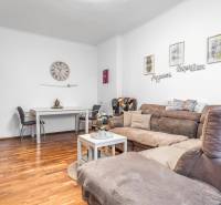 I Na predaj 2-i byt s terasou v Auersthal (Rakúsko) - Obývačka 2-izbového bytu s podlahou s dreveným dekorom, pohovkou a jedálenským kútom.