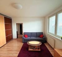 - PRENÁJOM - 1 IZBOVÝ BYT - TOPOĽČIANSKA UL. - PETRŽALKA - Obývačka v 1-izbovom byte s podlahou s dreveným dekorom a šatníkovou skriňou.