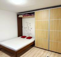 - PRENÁJOM - 1 IZBOVÝ BYT - TOPOĽČIANSKA UL. - PETRŽALKA - Izba s posteľou, šatníkovou skriňou a podlahou s dreveným dekorom.