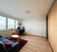 - PRENÁJOM - 1 IZBOVÝ BYT - TOPOĽČIANSKA UL. - PETRŽALKA - Svetlá obývačka s pracovným stolom, gaučom a podlahou s dreveným dekorom v 1-izbovom byte.