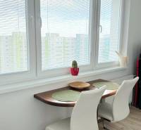 - PRENÁJOM - 1 IZBOVÝ BYT - TOPOĽČIANSKA UL. - PETRŽALKA - Stolík so židlemi pri okne v 1-izbovom byte s podlahou s dreveným dekorom.