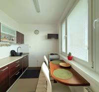 - PRENÁJOM - 1 IZBOVÝ BYT - TOPOĽČIANSKA UL. - PETRŽALKA - Kuchyňa v 1-izbovom byte so stolom, kaktusom a veľkými oknami.