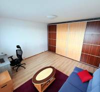 - PRENÁJOM - 1 IZBOVÝ BYT - TOPOĽČIANSKA UL. - PETRŽALKA - Obývacia izba v 1-izbovom byte s podlahou s dreveným dekorom, modrou sedačkou a pracovným stolom.