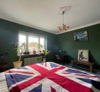 EXKLUZÍVNE - Útulný 3-izbový dom v Čiernom Brode s veľkým pozemkom - Spálňa v rodinnom dome s odvážnou dekoráciou v britskom štýle a zelené steny.