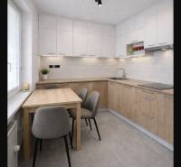 Priestranný 2-izbový byt s potenciálom zmeny dispozície- Šaca - Kuchyňa v 2-izbovom byte s podlahou s dreveným dekorom a moderným osvetlením.