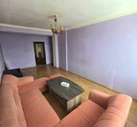 Priestranný 2-izbový byt s potenciálom zmeny dispozície- Šaca - Obývacia izba s ružovou sedačkou a stolíkom, podlaha s dreveným dekorom.