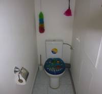 PRENÁJOM: M.NEŠPORA - 2-izbový byt, 58 m2, 7.posch. - Sídlisko III. - Toaleta v 2-izbovom byte s farebným dekorom a čistiacimi pomôckami.